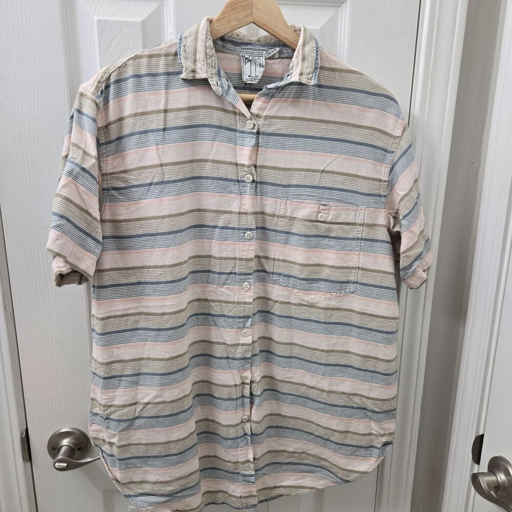 Vintage Chez T Button Up Shirt Mens medium‎ Pink Blue Stripe Cotton Summer Camp